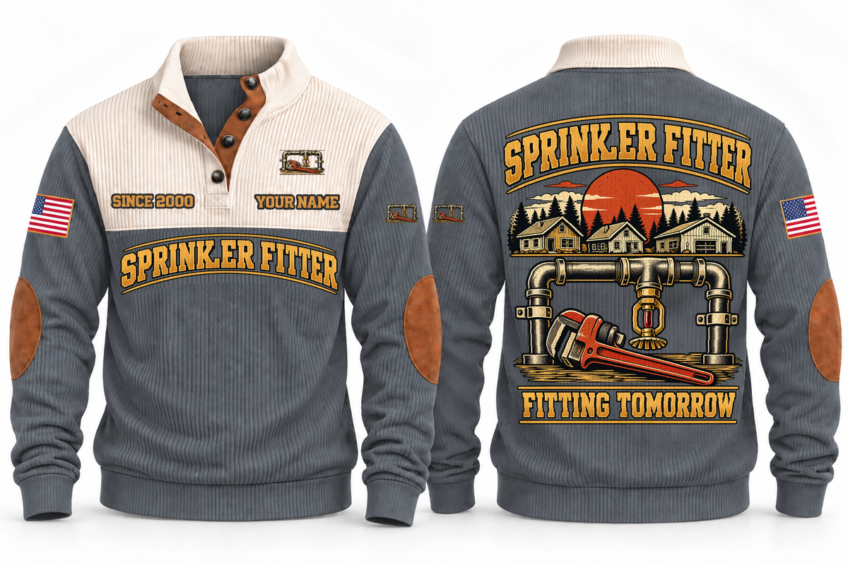 Sprinkler Fitter Fitting Tomorrow Sports Sweatshirt in Grey, front and back views with occupation artwork and original sample YOUR NAME and SINCE 2000 text