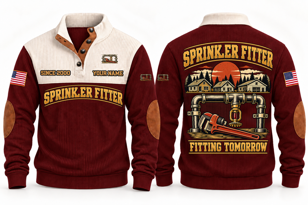 Sprinkler Fitter Fitting Tomorrow Sports Sweatshirt in Jujube Red, front and back views with occupation artwork and original sample YOUR NAME and SINCE 2000 text