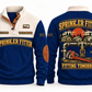 Sprinkler Fitter Fitting Tomorrow Sports Sweatshirt in Navy, front and back views with occupation artwork and original sample YOUR NAME and SINCE 2000 text