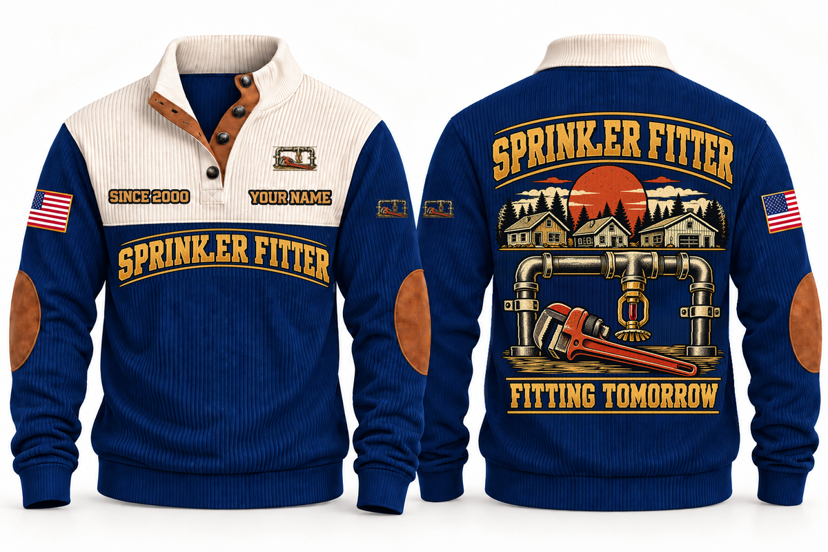 Sprinkler Fitter Fitting Tomorrow Sports Sweatshirt in Navy, front and back views with occupation artwork and original sample YOUR NAME and SINCE 2000 text
