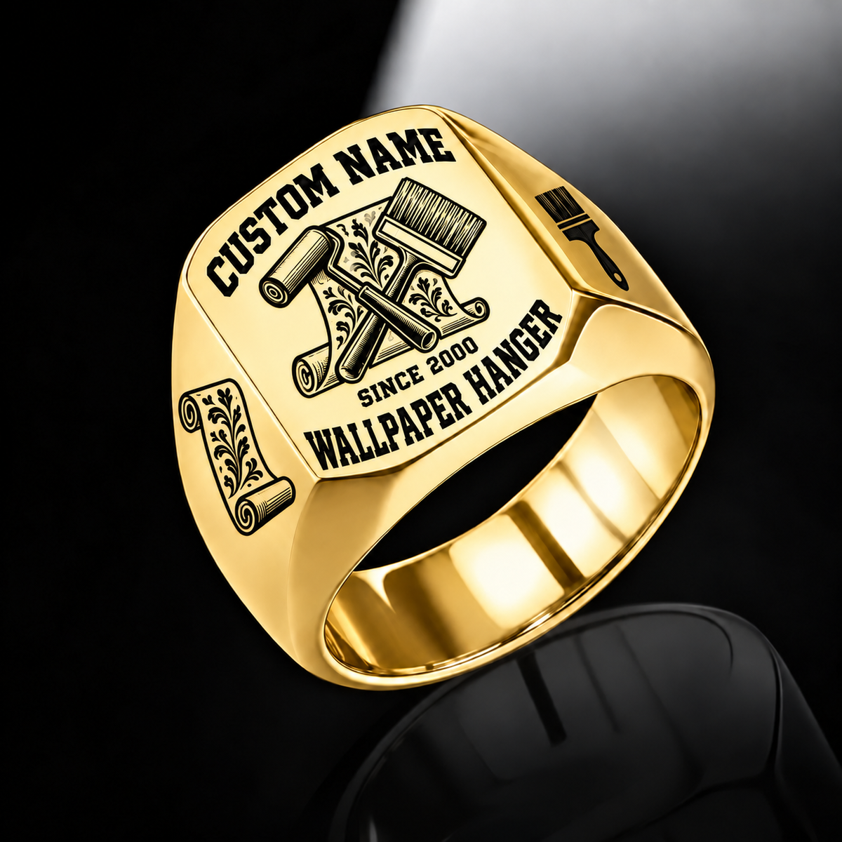 Gold-finish Wallpaper Hanger Bold Lettering signet ring with patterned wallpaper-scroll, roller and pasting-brush engraving, and illustrated CUSTOM NAME and SINCE 2000 text