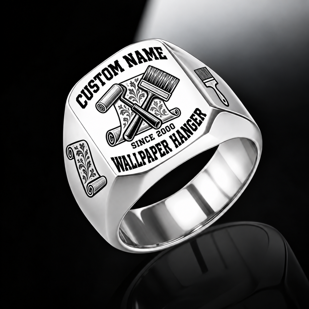 Silver-finish Wallpaper Hanger Bold Lettering signet ring with patterned wallpaper-scroll, roller and pasting-brush engraving, and illustrated CUSTOM NAME and SINCE 2000 text
