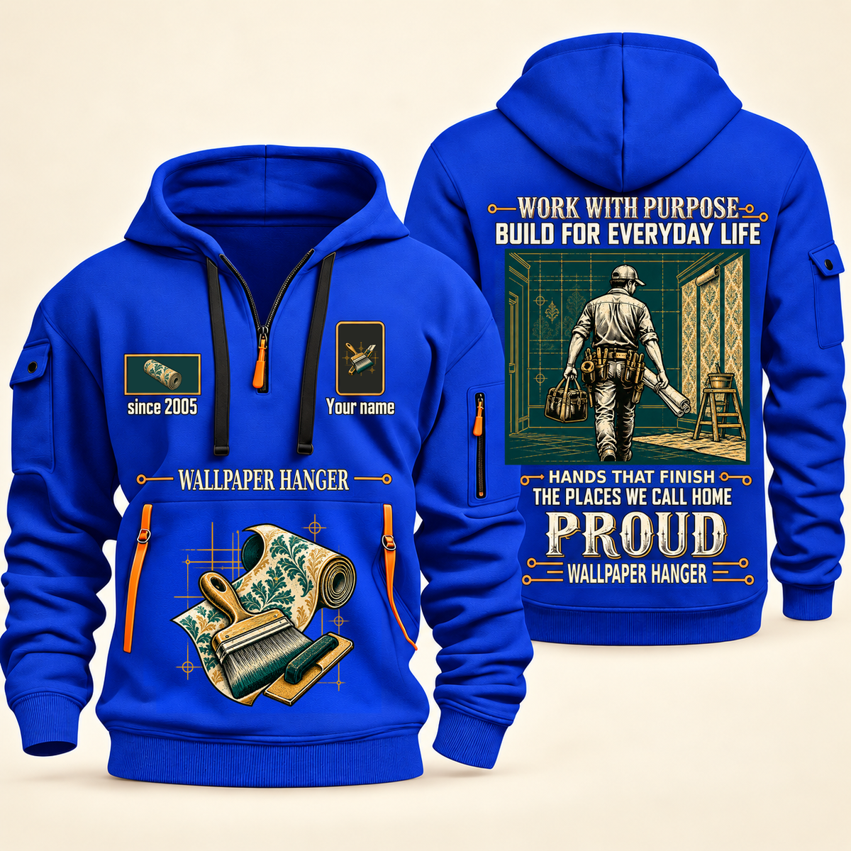 Wallpaper Hanger Built For The Everyday Quarter-Zip Hoodie in Blue, full authentic front and back views with matching wallpaper hanger tools and equipment artwork, original sample name/year and Built For The Everyday planning theme.