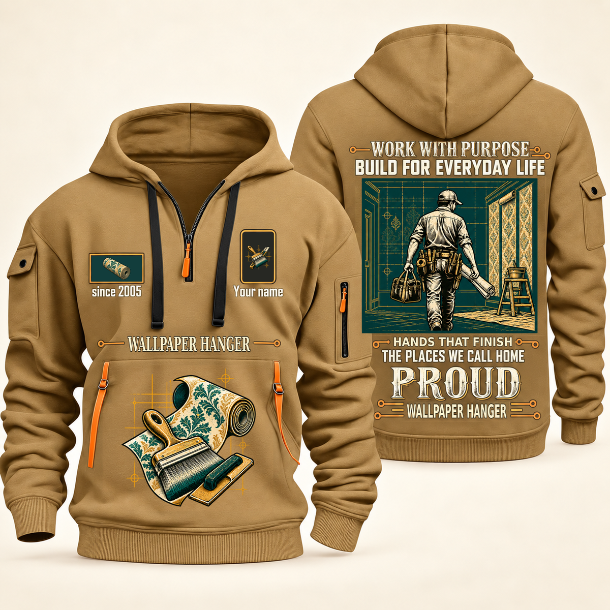 Wallpaper Hanger Built For The Everyday Quarter-Zip Hoodie in Khaki, full authentic front and back views with matching wallpaper hanger tools and equipment artwork, original sample name/year and Built For The Everyday planning theme.