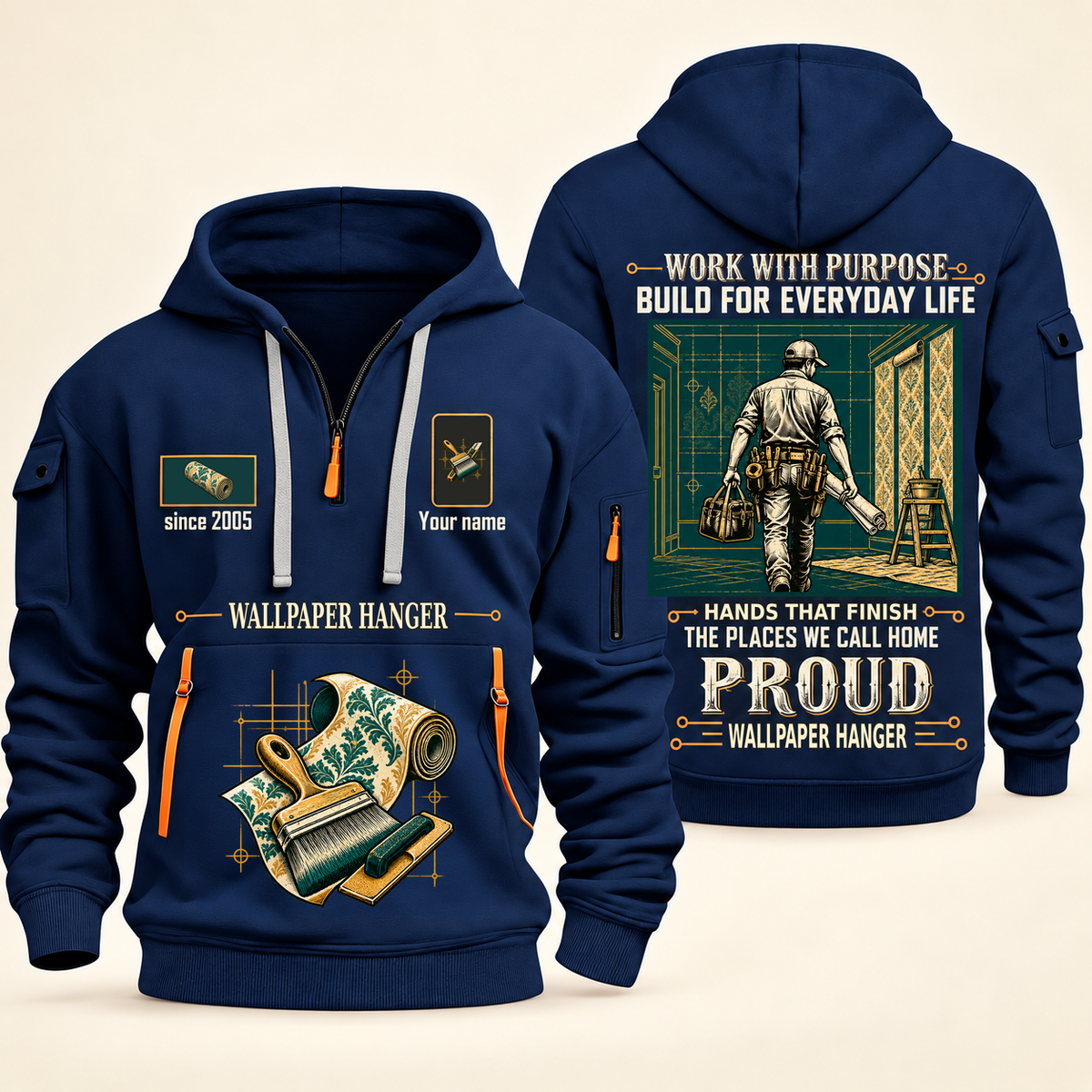 Wallpaper Hanger Built For The Everyday Quarter-Zip Hoodie in Navy, full authentic front and back views with matching wallpaper hanger tools and equipment artwork, original sample name/year and Built For The Everyday planning theme.