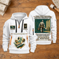 Wallpaper Hanger Built For The Everyday Quarter-Zip Hoodie in White, full authentic front and back views with matching wallpaper hanger tools and equipment artwork, original sample name/year and Built For The Everyday planning theme. On a wallpaper hanger workbench.