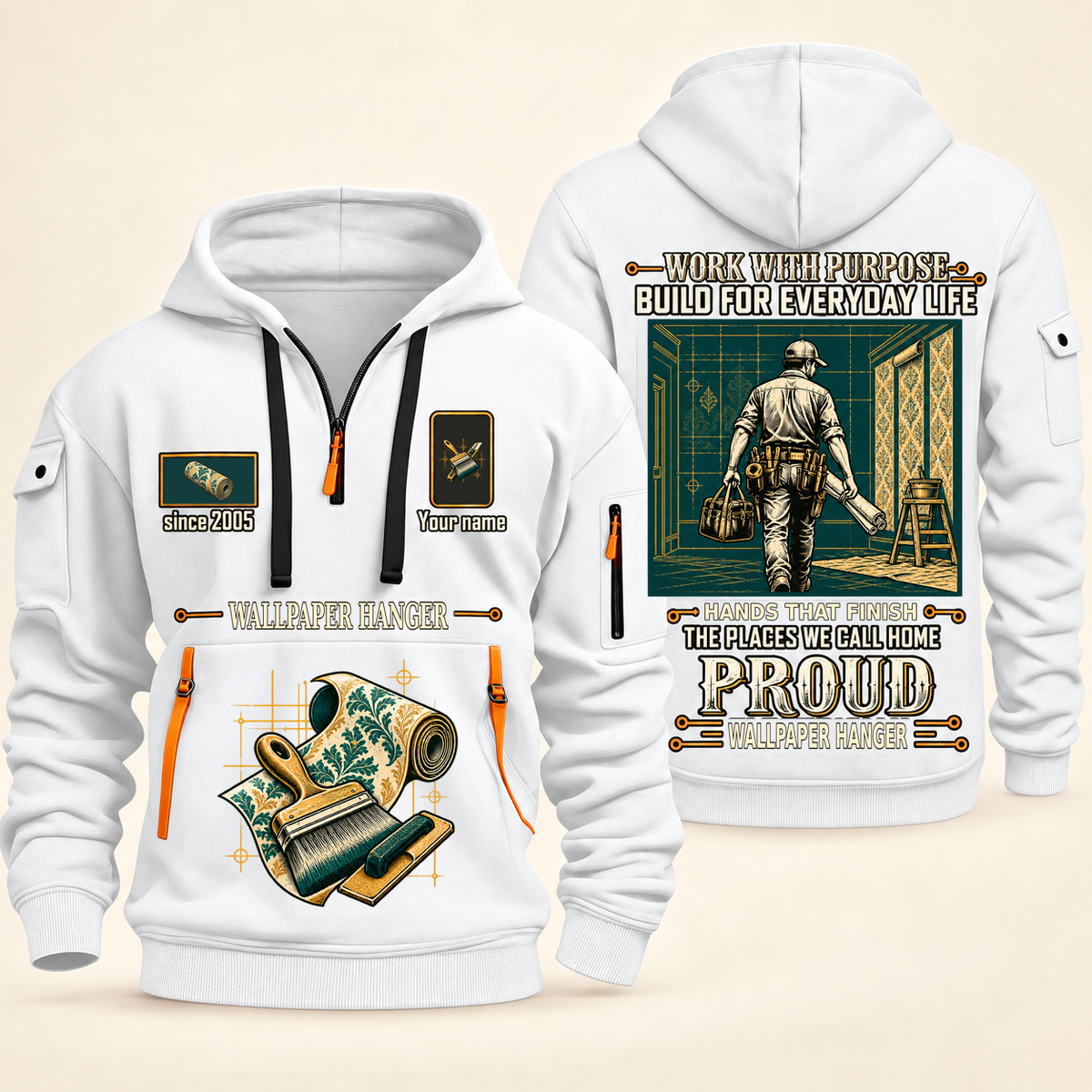 Wallpaper Hanger Built For The Everyday Quarter-Zip Hoodie in White, full authentic front and back views with matching wallpaper hanger tools and equipment artwork, original sample name/year and Built For The Everyday planning theme.