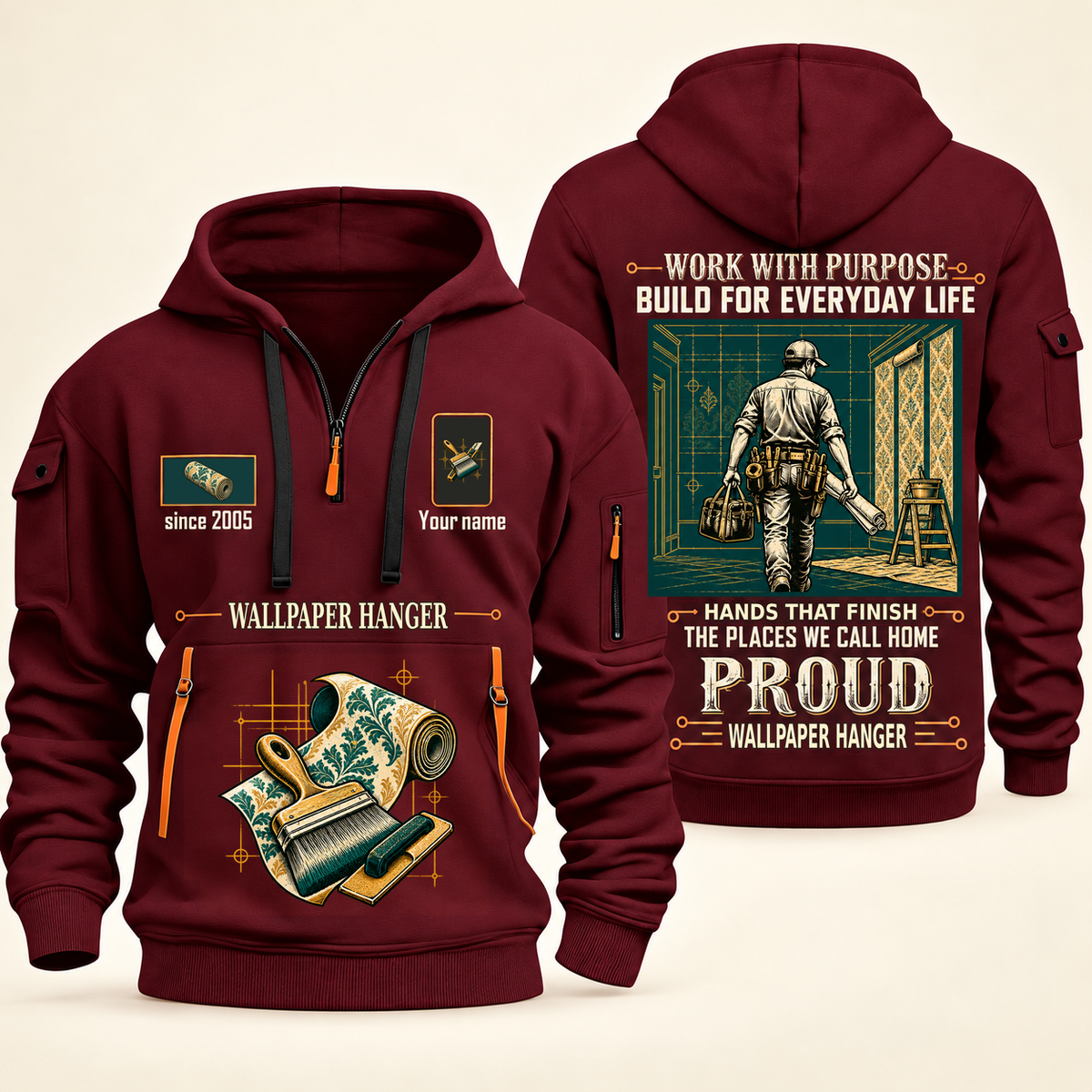 Wallpaper Hanger Built For The Everyday Quarter-Zip Hoodie in Wine Red, full authentic front and back views with matching wallpaper hanger tools and equipment artwork, original sample name/year and Built For The Everyday planning theme.