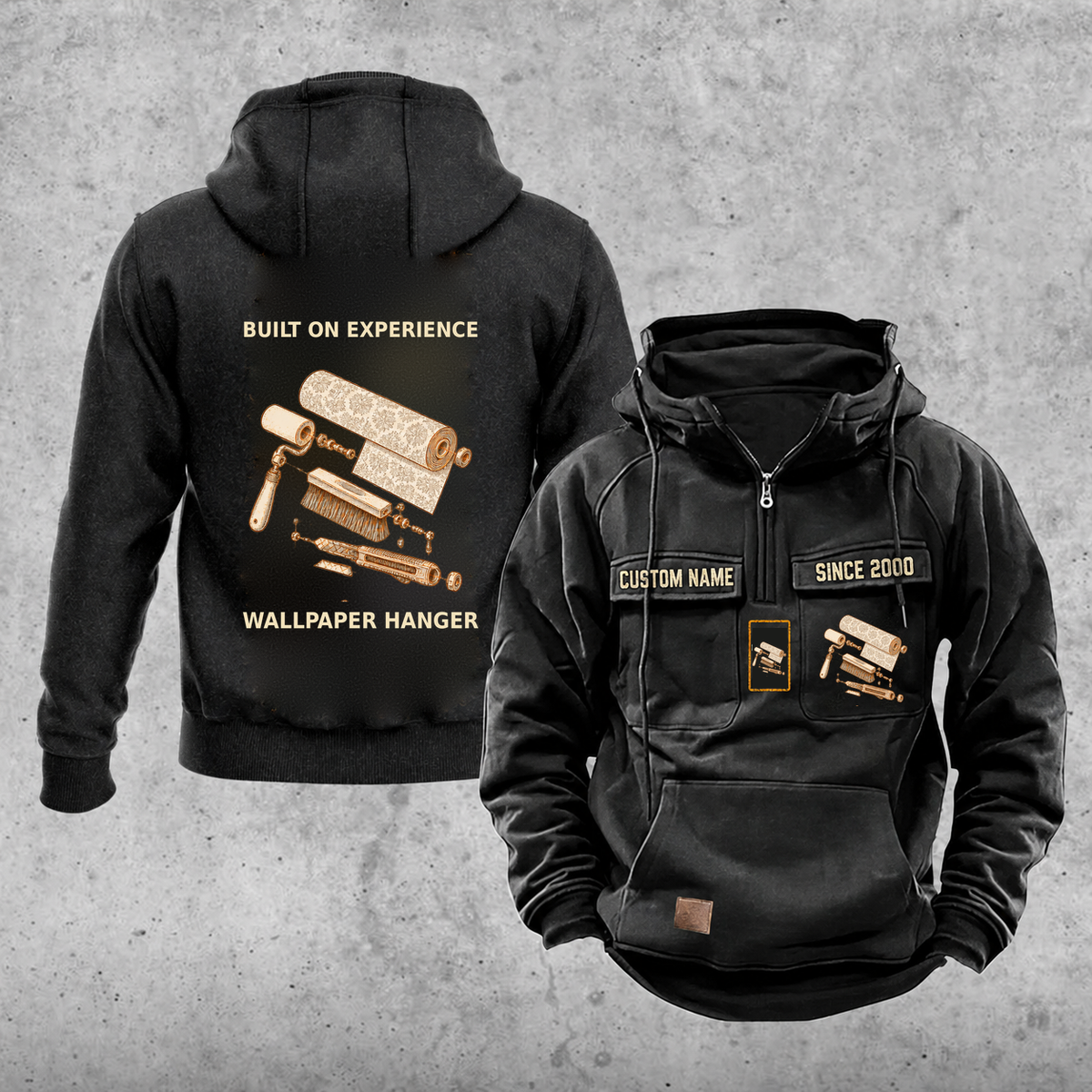 Wallpaper Hanger Built on Experience Vintage Hoodie — Black; faithful original Vintage Hoodie front and back artwork; CUSTOM NAME and SINCE 2000 on front chest.