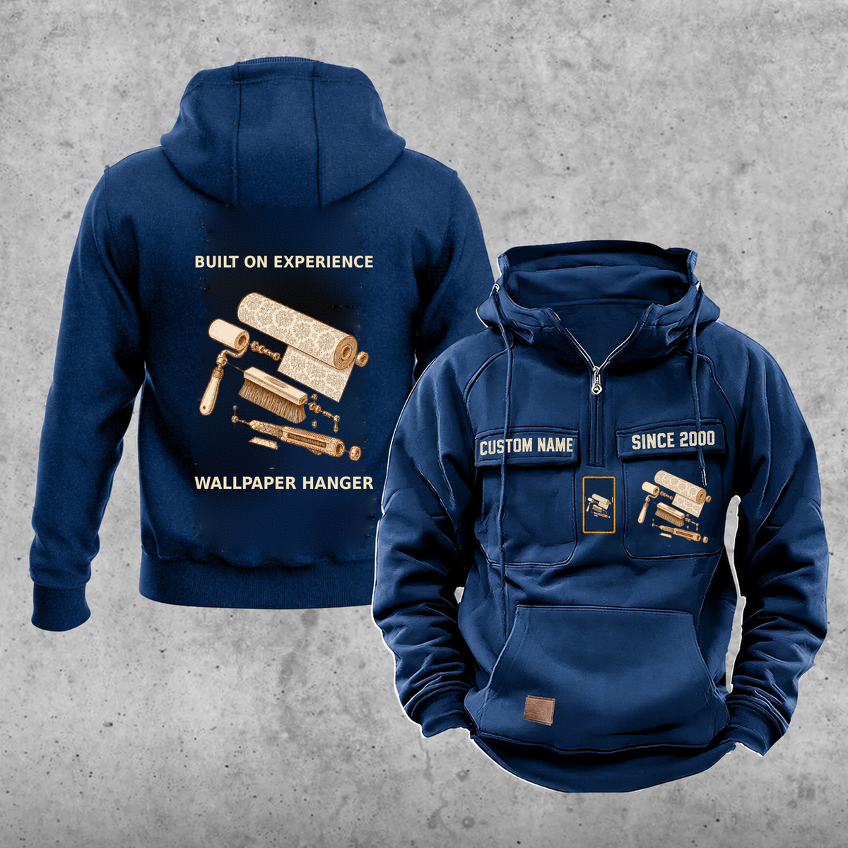 Wallpaper Hanger Built on Experience Vintage Hoodie — Dark Blue; faithful original Vintage Hoodie front and back artwork; CUSTOM NAME and SINCE 2000 on front chest.