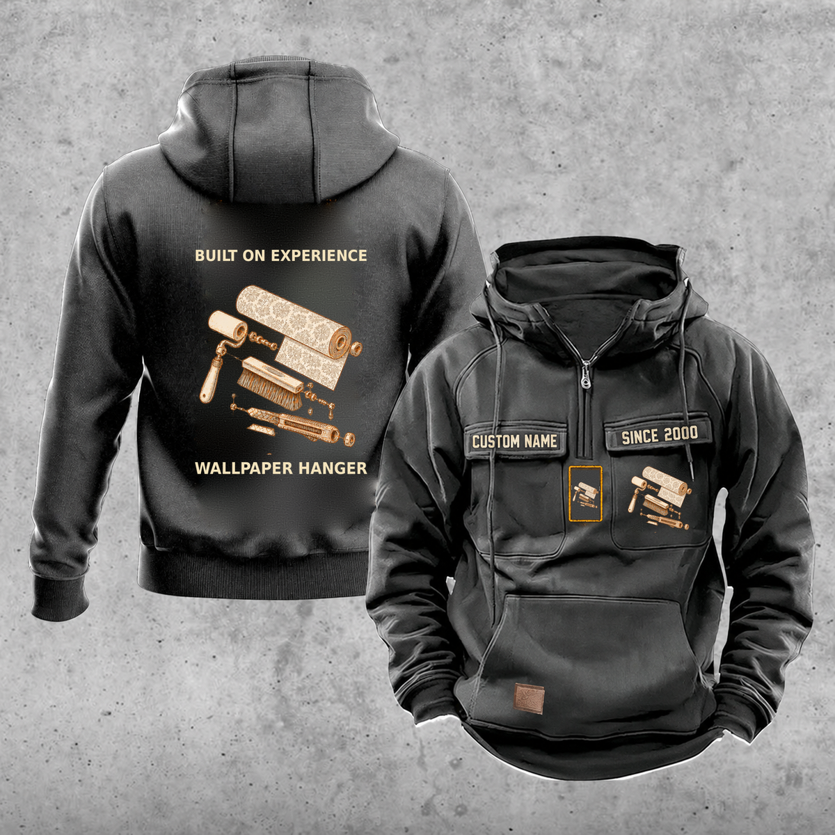 Wallpaper Hanger Built on Experience Vintage Hoodie — Dark Gray; faithful original Vintage Hoodie front and back artwork; CUSTOM NAME and SINCE 2000 on front chest.
