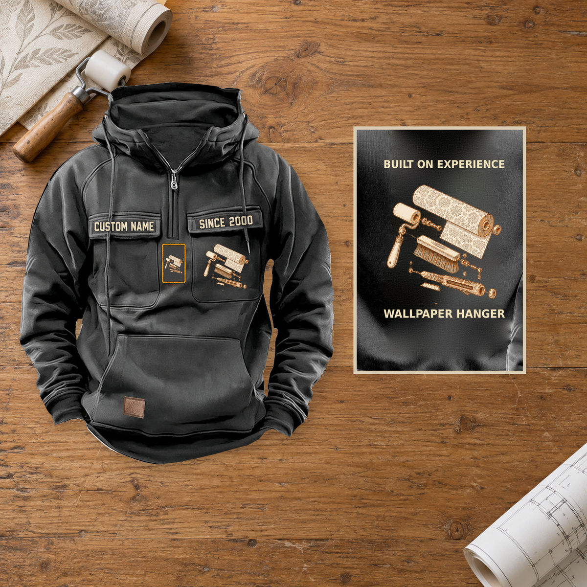 Wallpaper Hanger Built on Experience Vintage Hoodie — Hero; faithful original Vintage Hoodie front and back artwork; CUSTOM NAME and SINCE 2000 on front chest.
