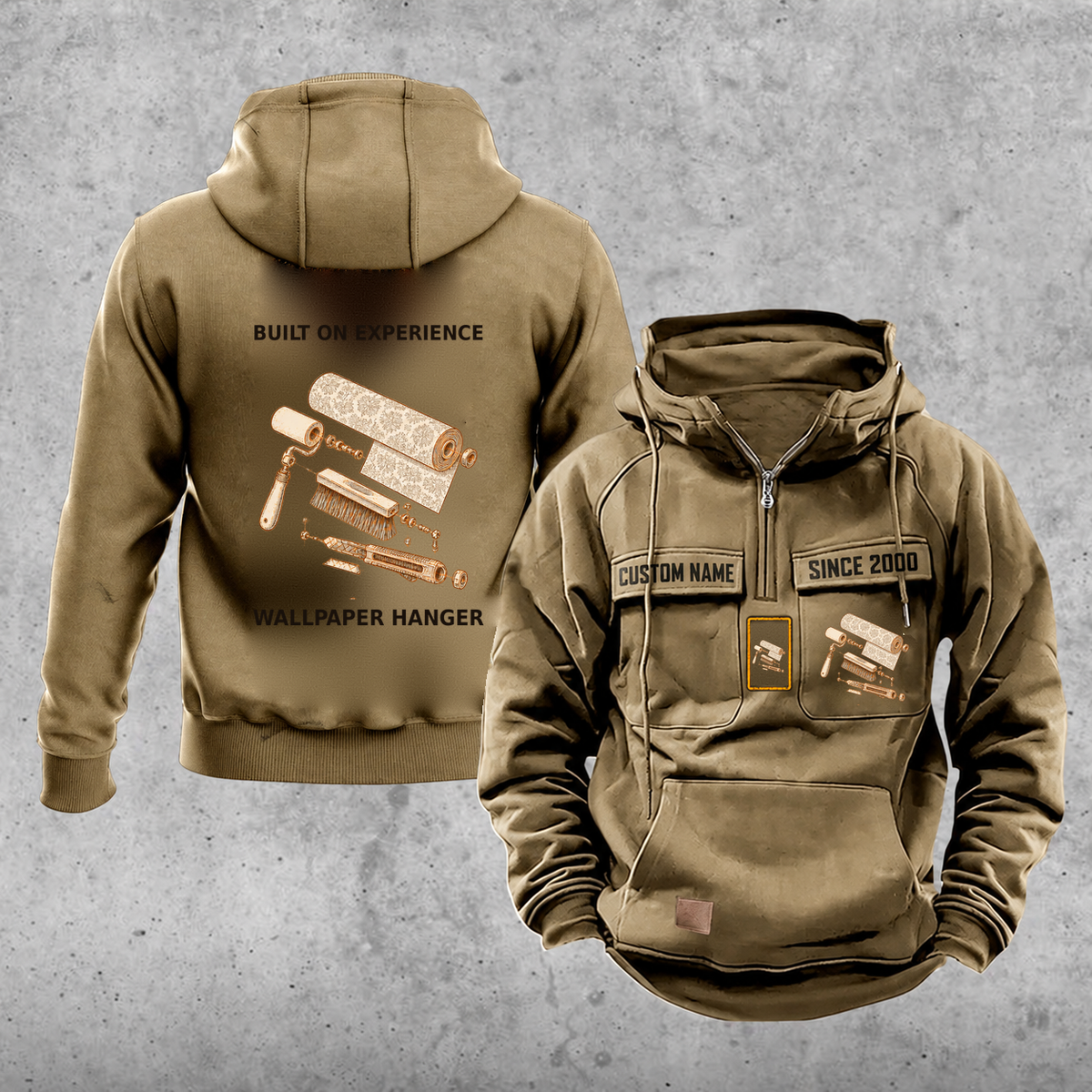 Wallpaper Hanger Built on Experience Vintage Hoodie — Khaki; faithful original Vintage Hoodie front and back artwork; CUSTOM NAME and SINCE 2000 on front chest.