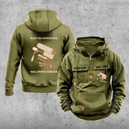Wallpaper Hanger Built on Experience Vintage Hoodie — Olive Green; faithful original Vintage Hoodie front and back artwork; CUSTOM NAME and SINCE 2000 on front chest.