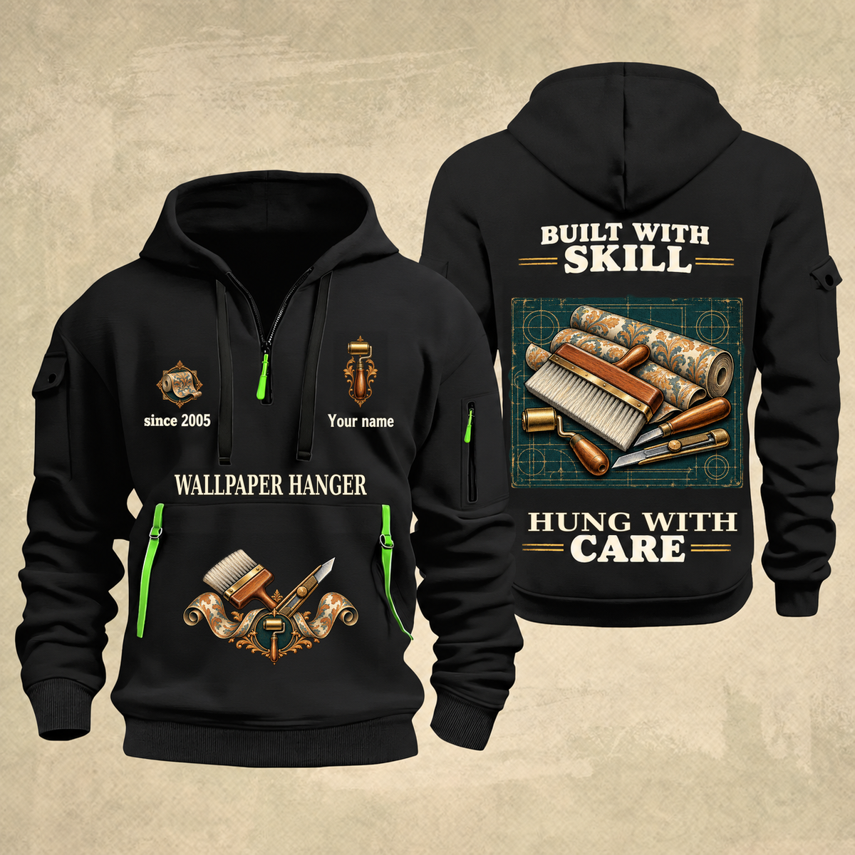 Wallpaper Hanger Built With Skill Quarter-Zip Hoodie in Black, full authentic front and back views with matching wallpaper hanger tools and equipment artwork, original sample name/year and Built With Skill slogan.