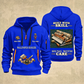 Wallpaper Hanger Built With Skill Quarter-Zip Hoodie in Blue, full authentic front and back views with matching wallpaper hanger tools and equipment artwork, original sample name/year and Built With Skill slogan.