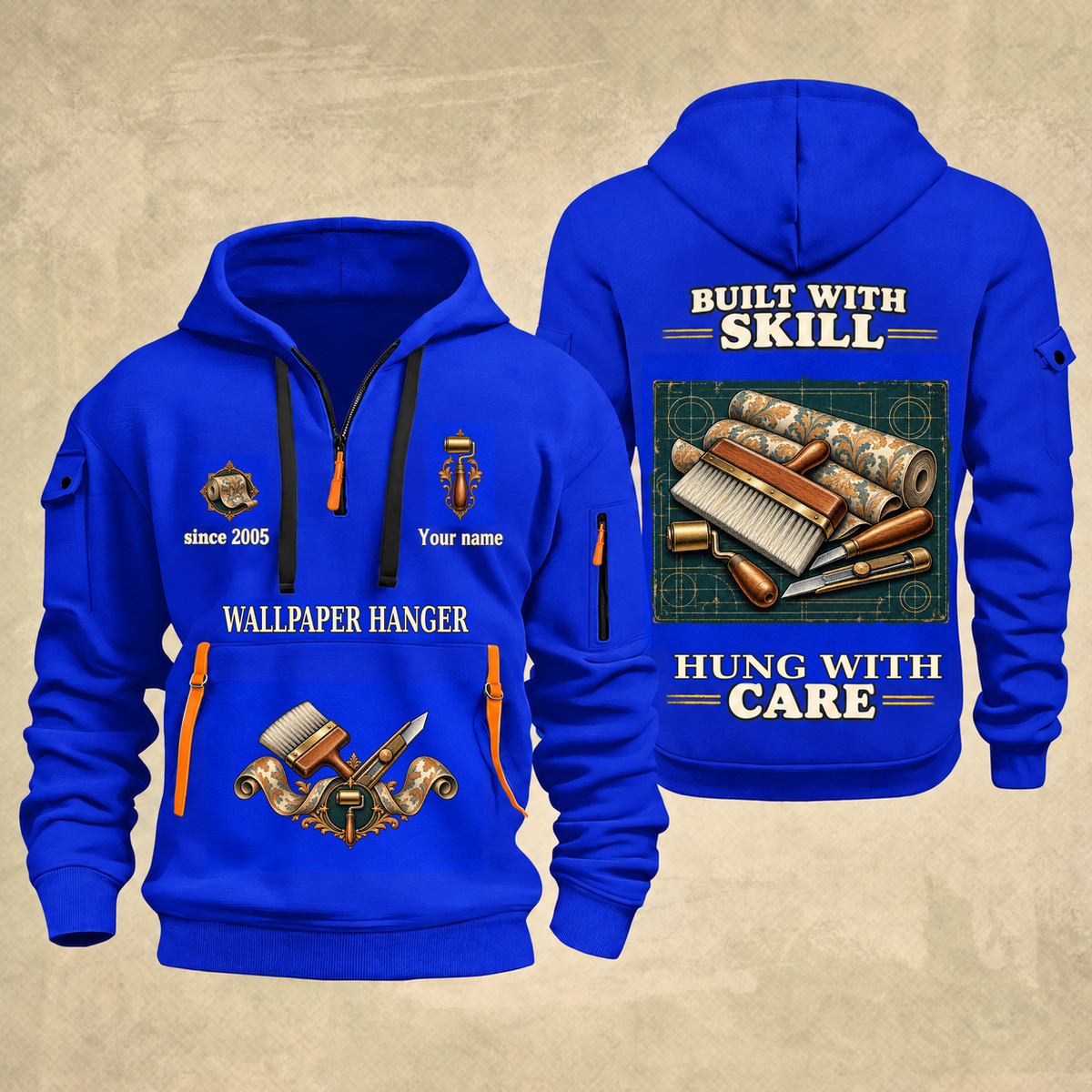 Wallpaper Hanger Built With Skill Quarter-Zip Hoodie in Blue, full authentic front and back views with matching wallpaper hanger tools and equipment artwork, original sample name/year and Built With Skill slogan.