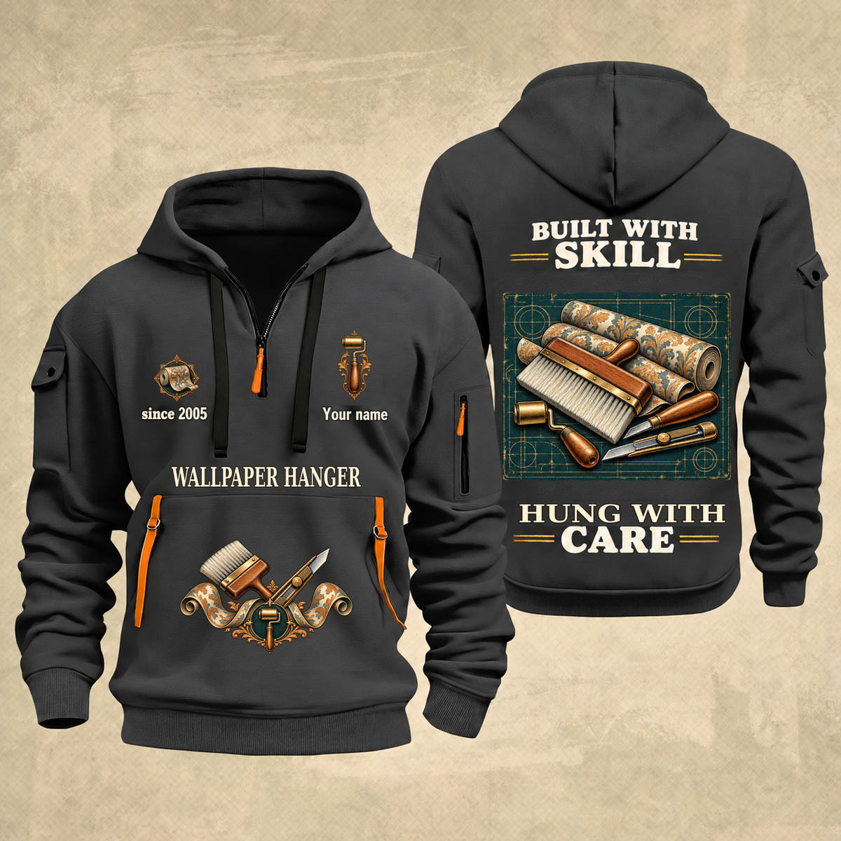 Wallpaper Hanger Built With Skill Quarter-Zip Hoodie in Gray, full authentic front and back views with matching wallpaper hanger tools and equipment artwork, original sample name/year and Built With Skill slogan.