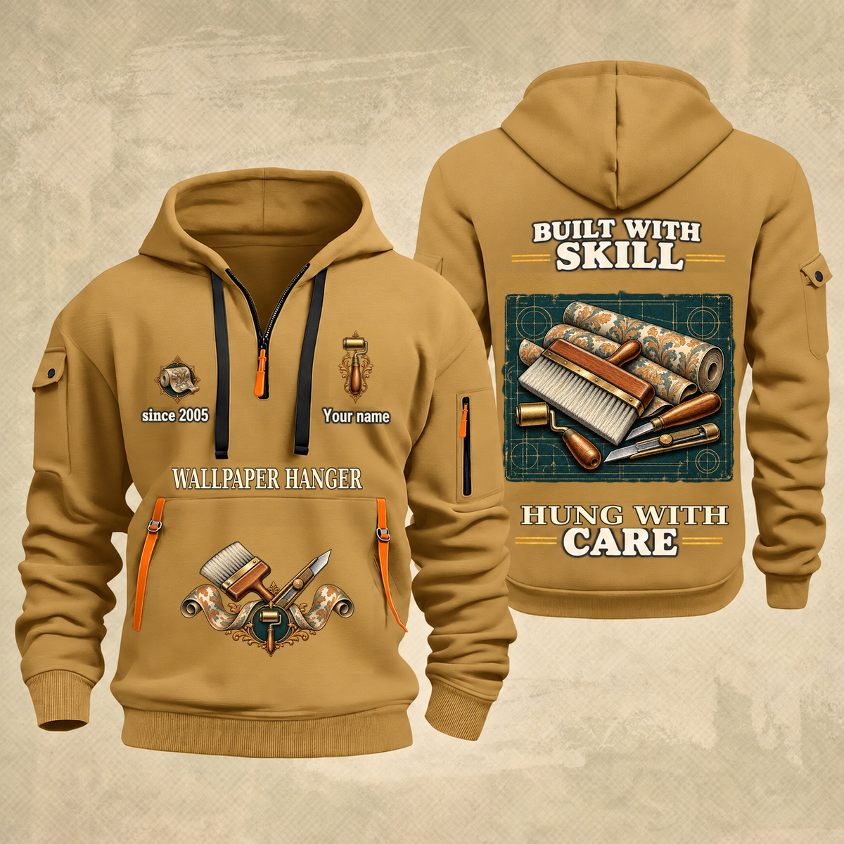 Wallpaper Hanger Built With Skill Quarter-Zip Hoodie in Khaki, full authentic front and back views with matching wallpaper hanger tools and equipment artwork, original sample name/year and Built With Skill slogan.