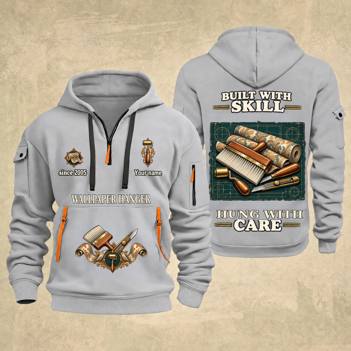 Wallpaper Hanger Built With Skill Quarter-Zip Hoodie in Light Grey, full authentic front and back views with matching wallpaper hanger tools and equipment artwork, original sample name/year and Built With Skill slogan.