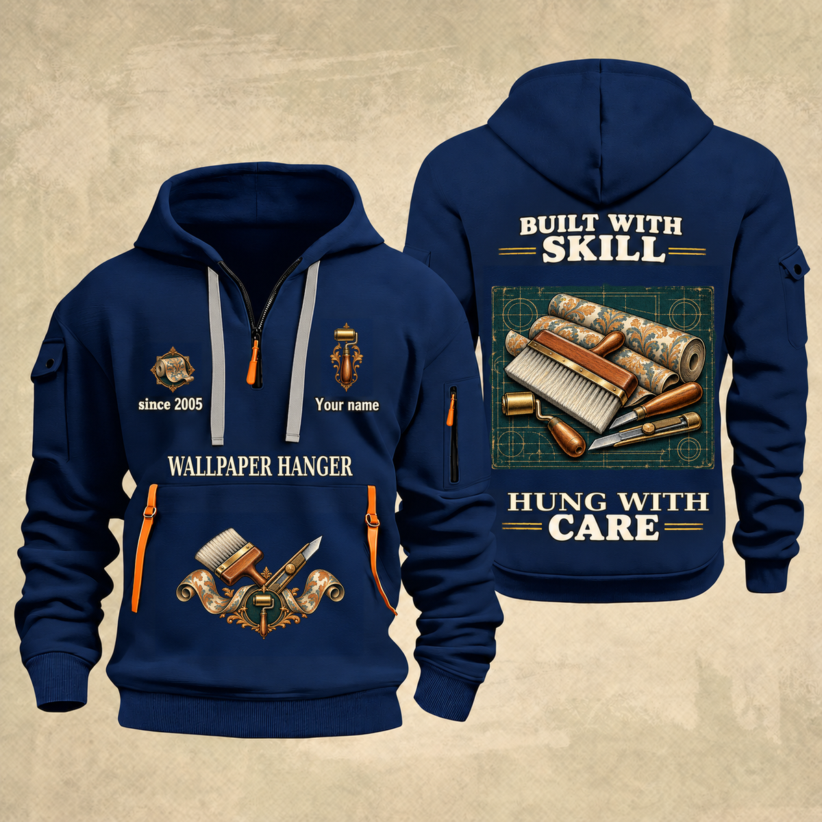 Wallpaper Hanger Built With Skill Quarter-Zip Hoodie in Navy, full authentic front and back views with matching wallpaper hanger tools and equipment artwork, original sample name/year and Built With Skill slogan.