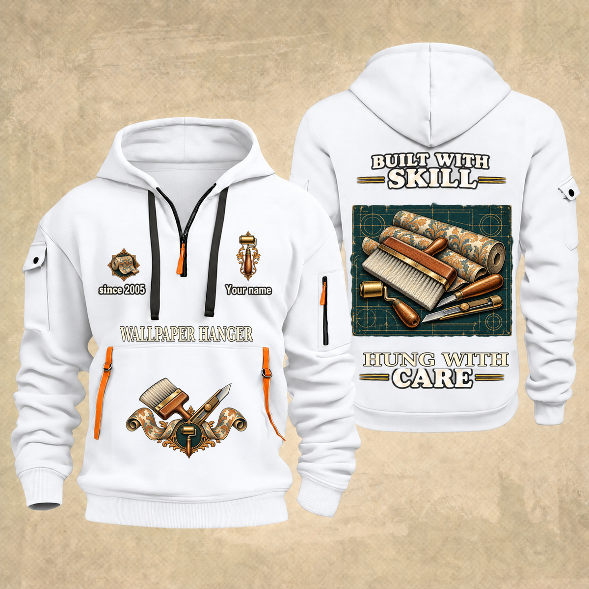 Wallpaper Hanger Built With Skill Quarter-Zip Hoodie in White, full authentic front and back views with matching wallpaper hanger tools and equipment artwork, original sample name/year and Built With Skill slogan.