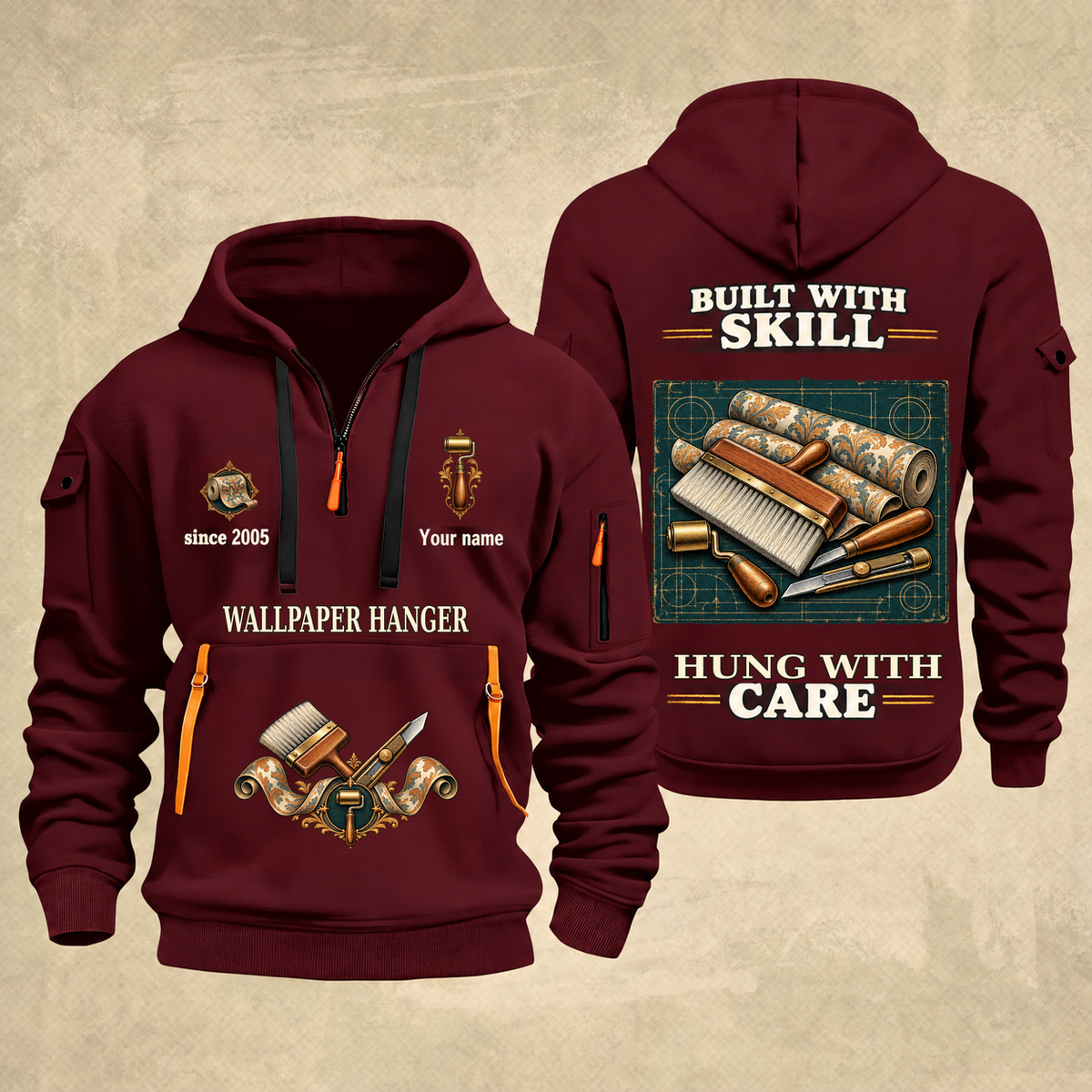 Wallpaper Hanger Built With Skill Quarter-Zip Hoodie in Wine Red, full authentic front and back views with matching wallpaper hanger tools and equipment artwork, original sample name/year and Built With Skill slogan.