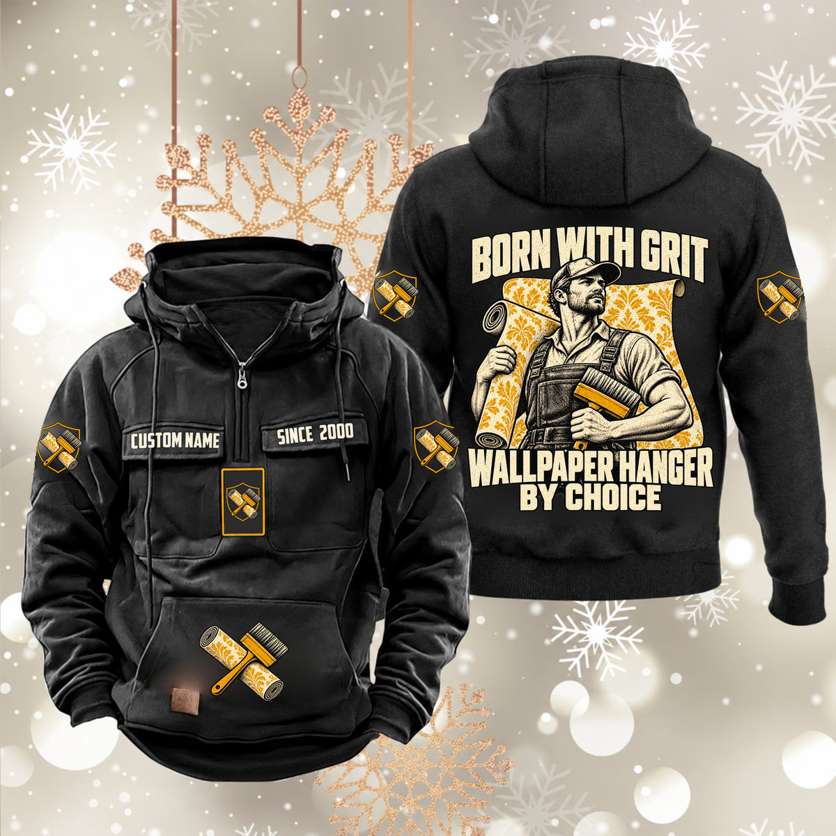 Wallpaper Hanger By Choice Vintage Hoodie in Black, front and back artwork views.