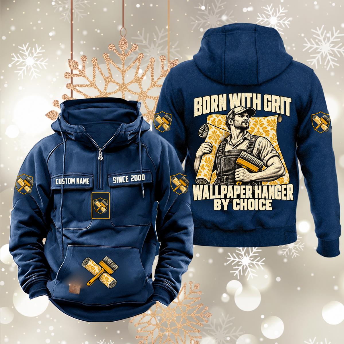 Wallpaper Hanger By Choice Vintage Hoodie in Dark Blue, front and back artwork views.