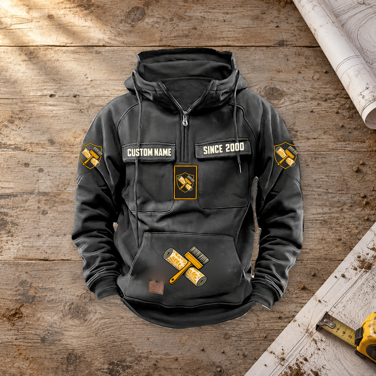 Wallpaper Hanger By Choice Vintage Hoodie in Dark Gray, single front display on a workshop table.