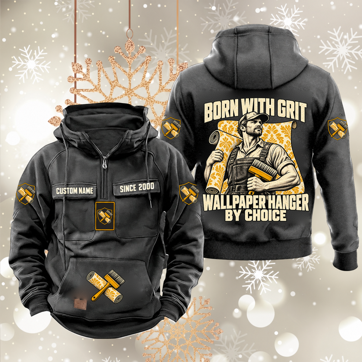 Wallpaper Hanger By Choice Vintage Hoodie in Dark Gray, front and back artwork views.