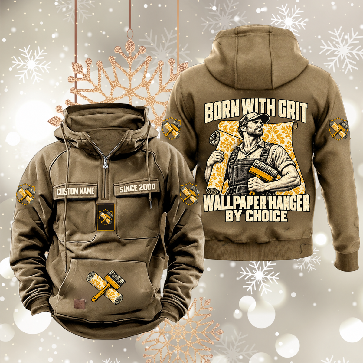 Wallpaper Hanger By Choice Vintage Hoodie in Kaki, front and back artwork views.