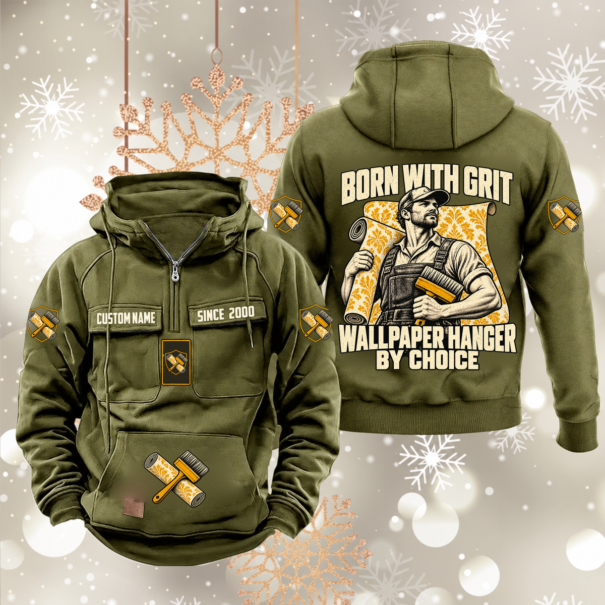 Wallpaper Hanger By Choice Vintage Hoodie in Military Green, front and back artwork views.