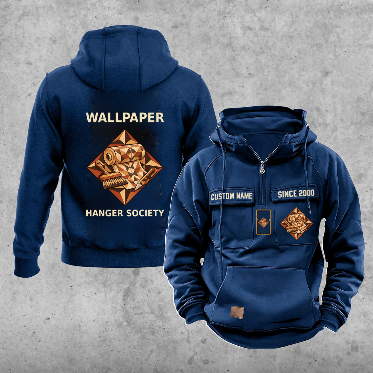 Wallpaper Hanger Vintage Hoodie - Marquetry Society — Dark Blue; faithful original Vintage Hoodie front and back artwork; CUSTOM NAME and SINCE 2000 on front chest.