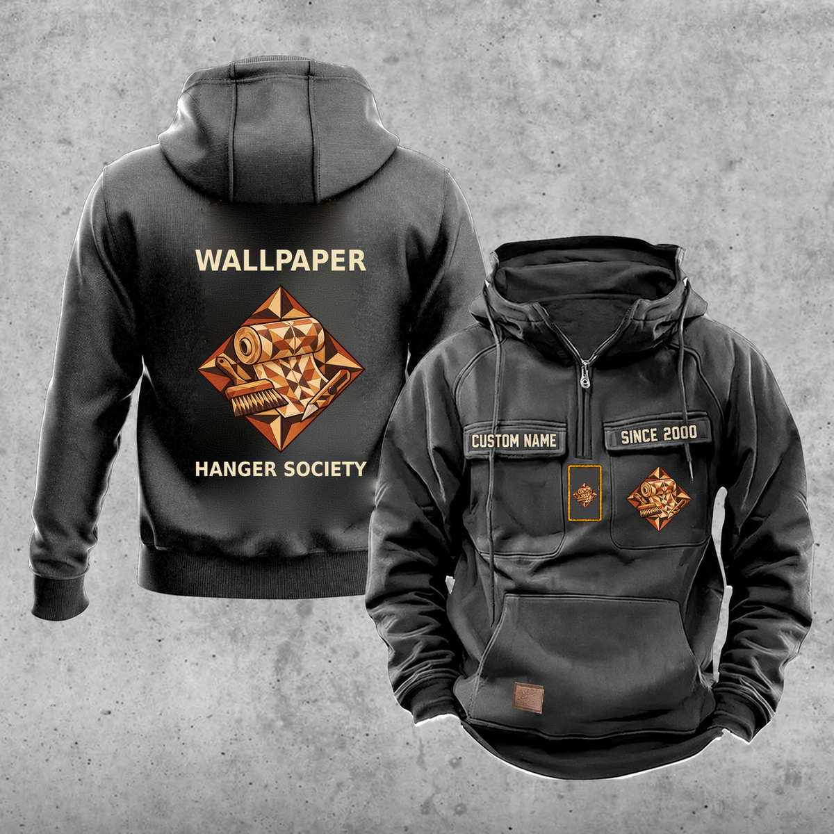 Wallpaper Hanger Vintage Hoodie - Marquetry Society — Dark Gray; faithful original Vintage Hoodie front and back artwork; CUSTOM NAME and SINCE 2000 on front chest.