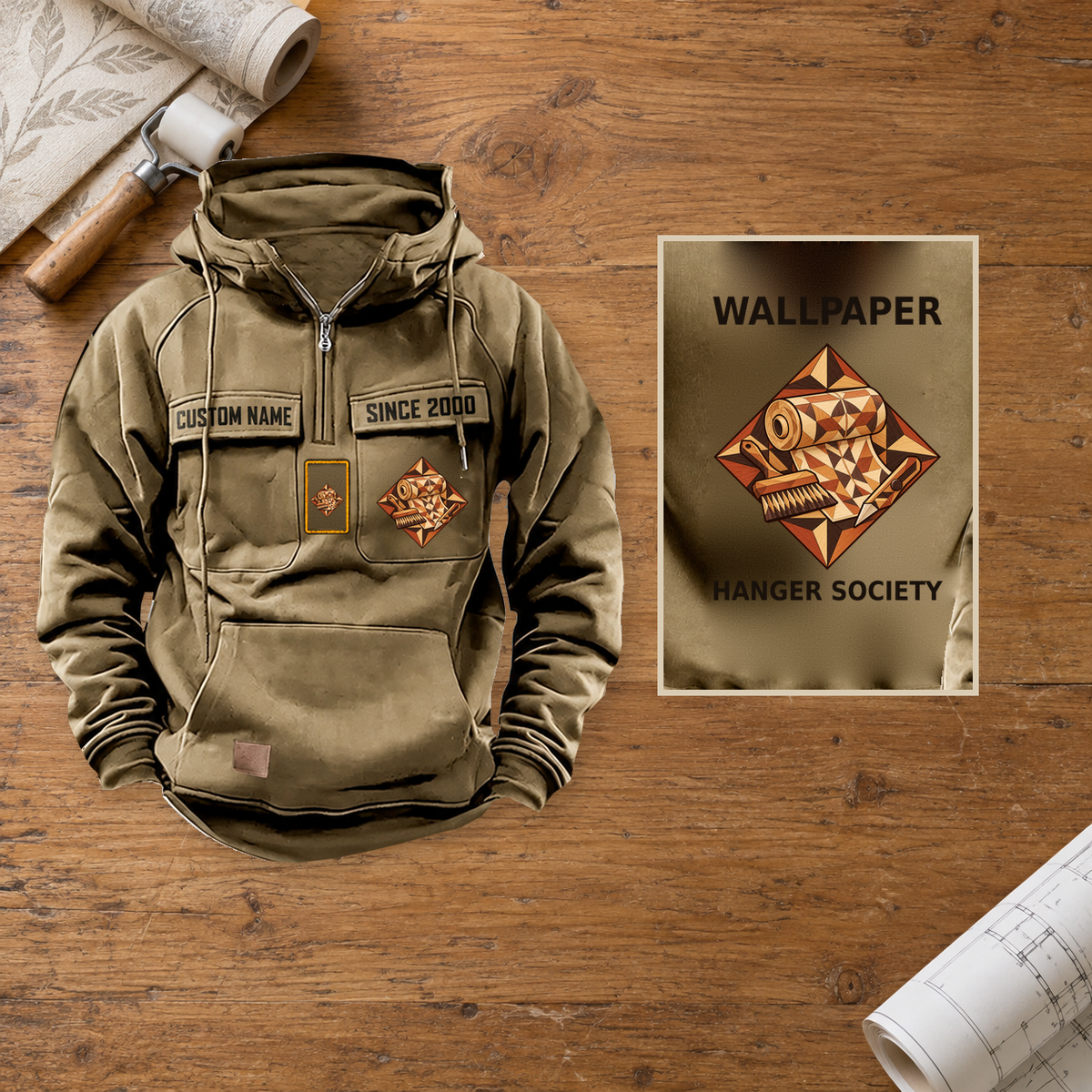 Wallpaper Hanger Vintage Hoodie - Marquetry Society — Hero; faithful original Vintage Hoodie front and back artwork; CUSTOM NAME and SINCE 2000 on front chest.