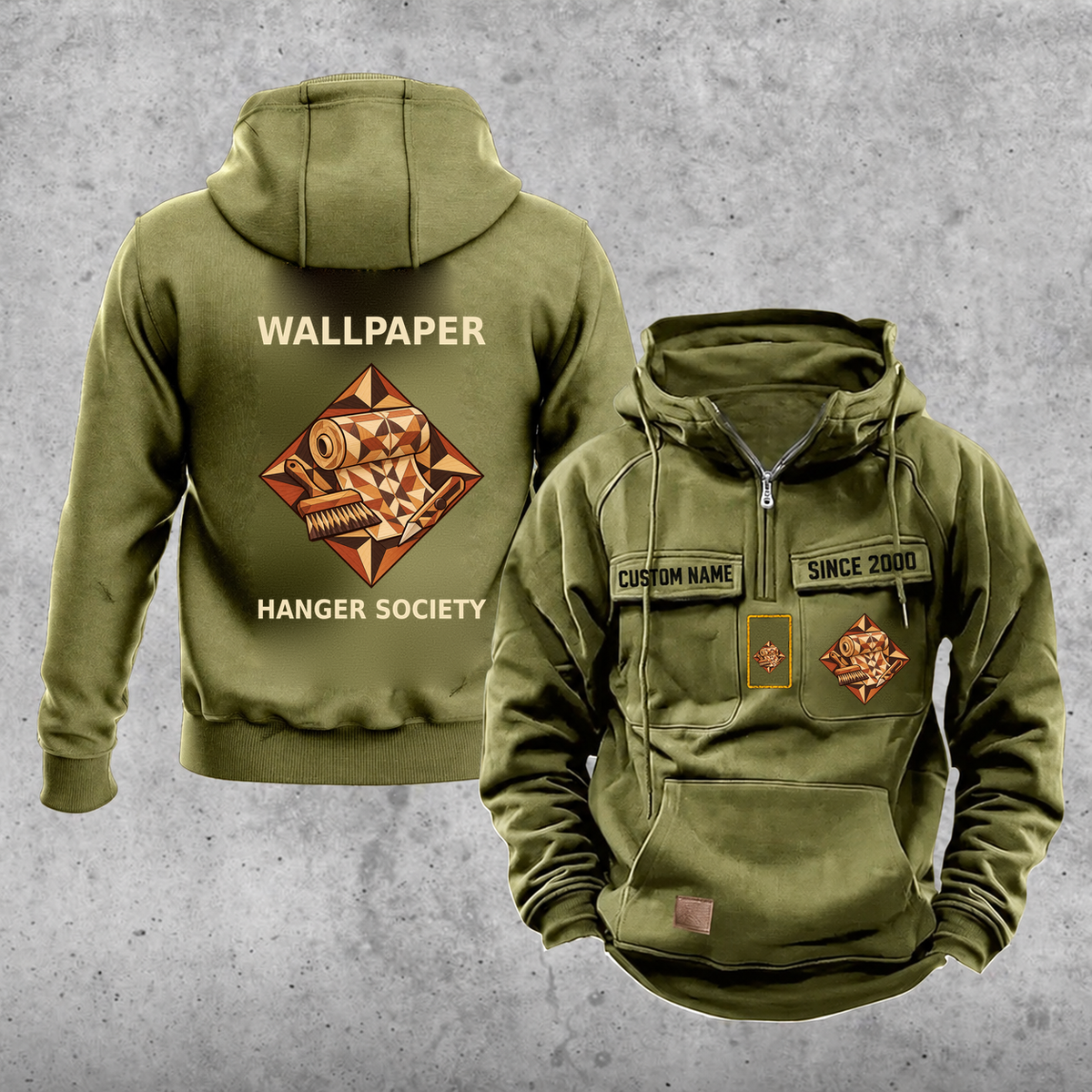 Wallpaper Hanger Vintage Hoodie - Marquetry Society — Olive Green; faithful original Vintage Hoodie front and back artwork; CUSTOM NAME and SINCE 2000 on front chest.