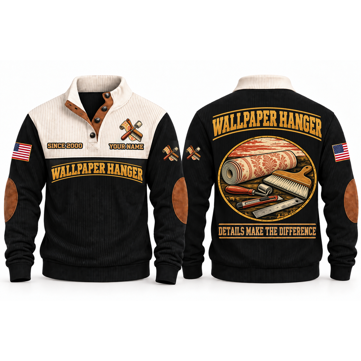 Wallpaper Hanger Finish With Care Sports Sweatshirt in Black, front and back garment views with wallpaper roll, smoothing brush, seam roller, trimming knife and ruler, carefully arranged trade details, DETAILS MAKE THE DIFFERENCE lettering and source sample YOUR NAME and SINCE 2000 text.