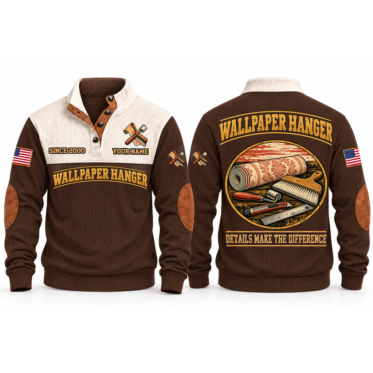 Wallpaper Hanger Finish With Care Sports Sweatshirt in Brown, front and back garment views with wallpaper roll, smoothing brush, seam roller, trimming knife and ruler, carefully arranged trade details, DETAILS MAKE THE DIFFERENCE lettering and source sample YOUR NAME and SINCE 2000 text.
