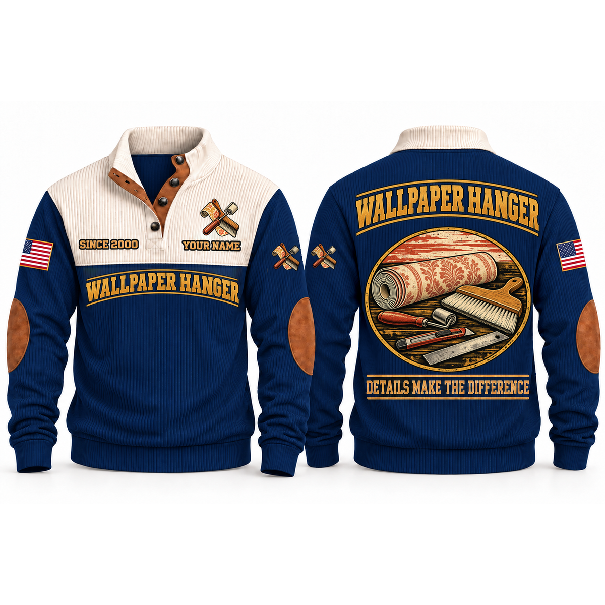 Wallpaper Hanger Finish With Care Sports Sweatshirt in Navy, front and back garment views with wallpaper roll, smoothing brush, seam roller, trimming knife and ruler, carefully arranged trade details, DETAILS MAKE THE DIFFERENCE lettering and source sample YOUR NAME and SINCE 2000 text.