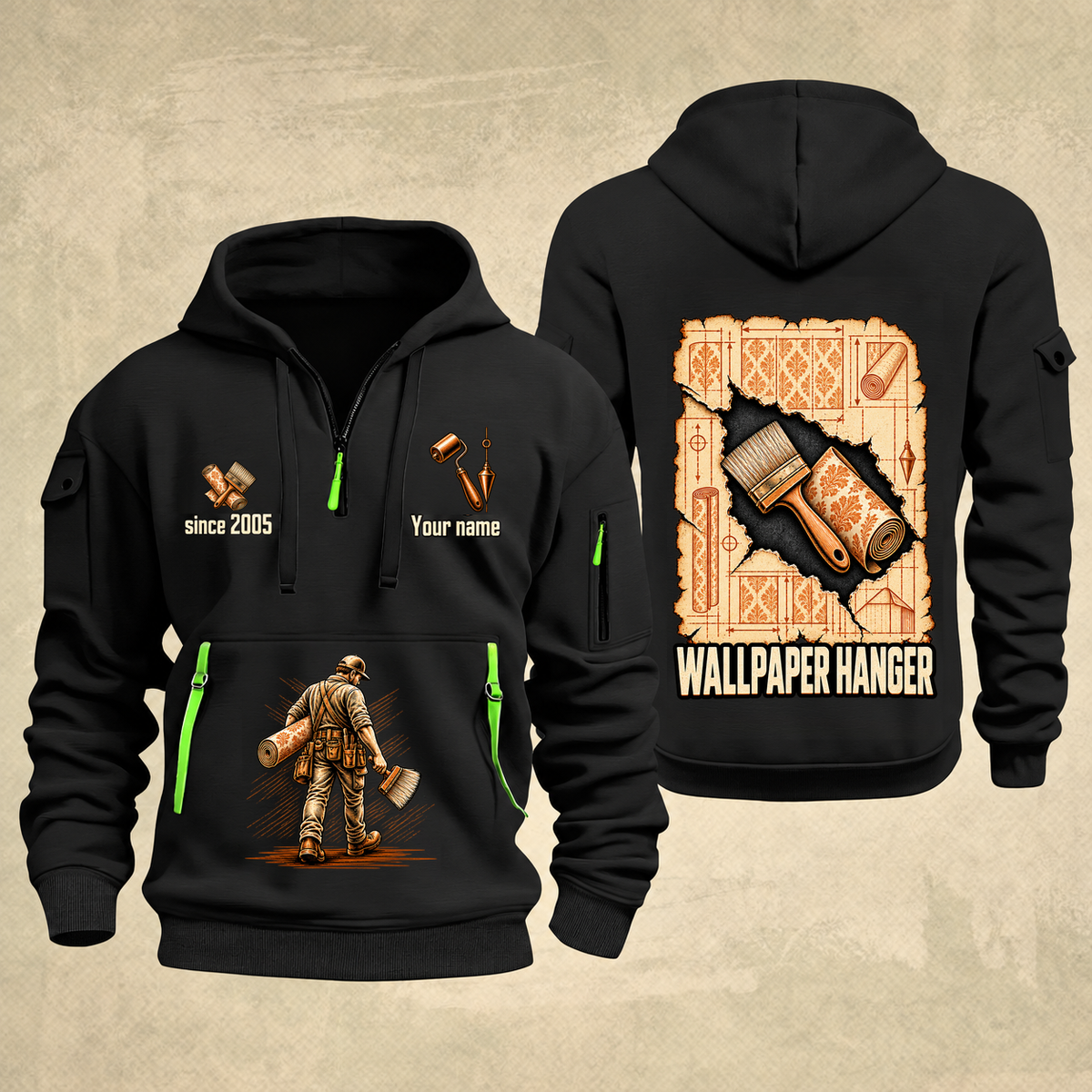 Wallpaper Hanger Blueprint Quarter-Zip Hoodie in Black, authentic overlapping front and back views with wallpaper hanger artwork and source sample name/year lettering.