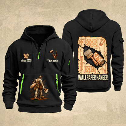 Wallpaper Hanger Blueprint Quarter-Zip Hoodie in Black, authentic overlapping front and back views with wallpaper hanger artwork and source sample name/year lettering.