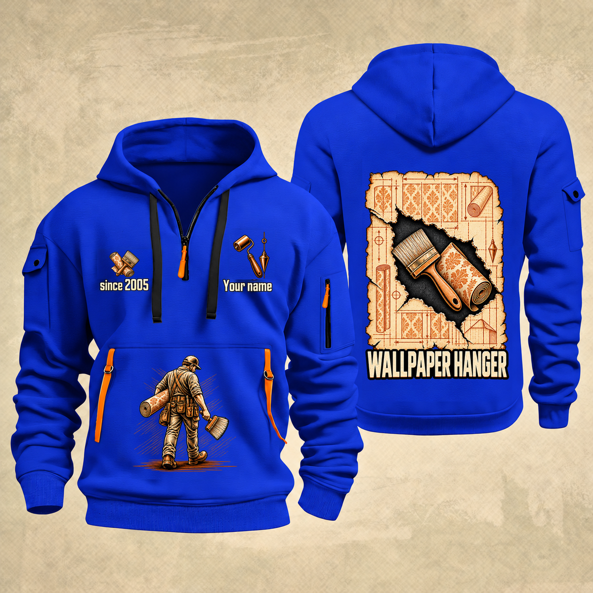 Wallpaper Hanger Blueprint Quarter-Zip Hoodie in Blue, authentic overlapping front and back views with wallpaper hanger artwork and source sample name/year lettering.