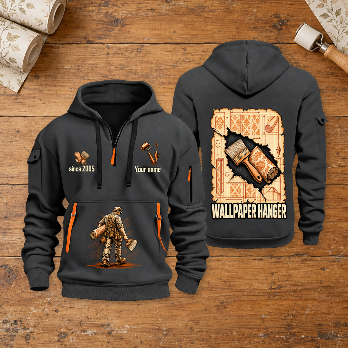 Wallpaper Hanger Blueprint Quarter-Zip Hoodie in Gray, full front and back views on a wallpaper hanger workbench.