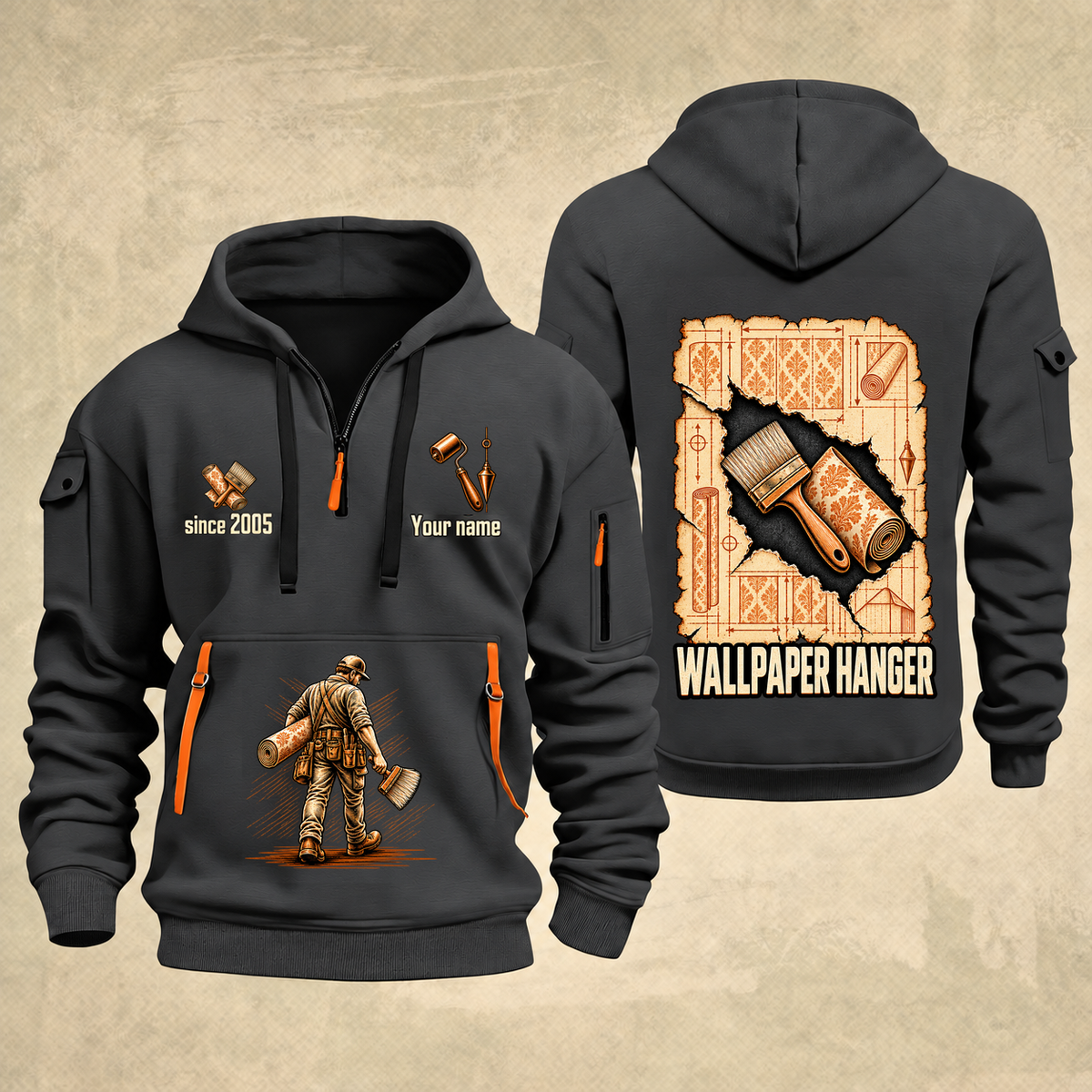 Wallpaper Hanger Blueprint Quarter-Zip Hoodie in Gray, authentic overlapping front and back views with wallpaper hanger artwork and source sample name/year lettering.