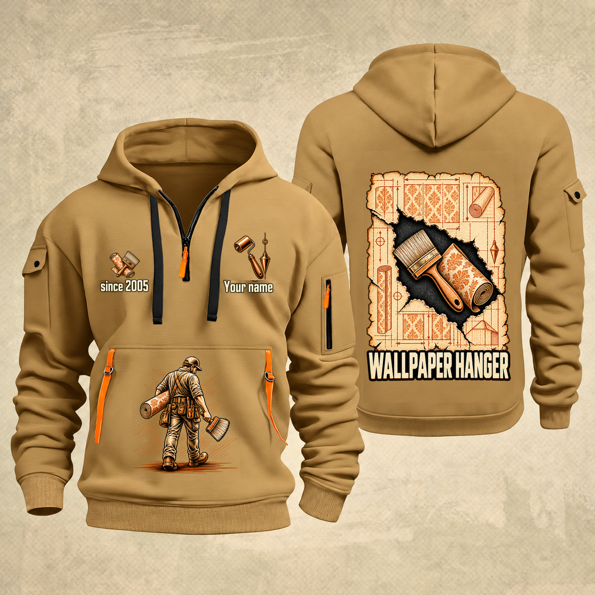Wallpaper Hanger Blueprint Quarter-Zip Hoodie in Khaki, authentic overlapping front and back views with wallpaper hanger artwork and source sample name/year lettering.