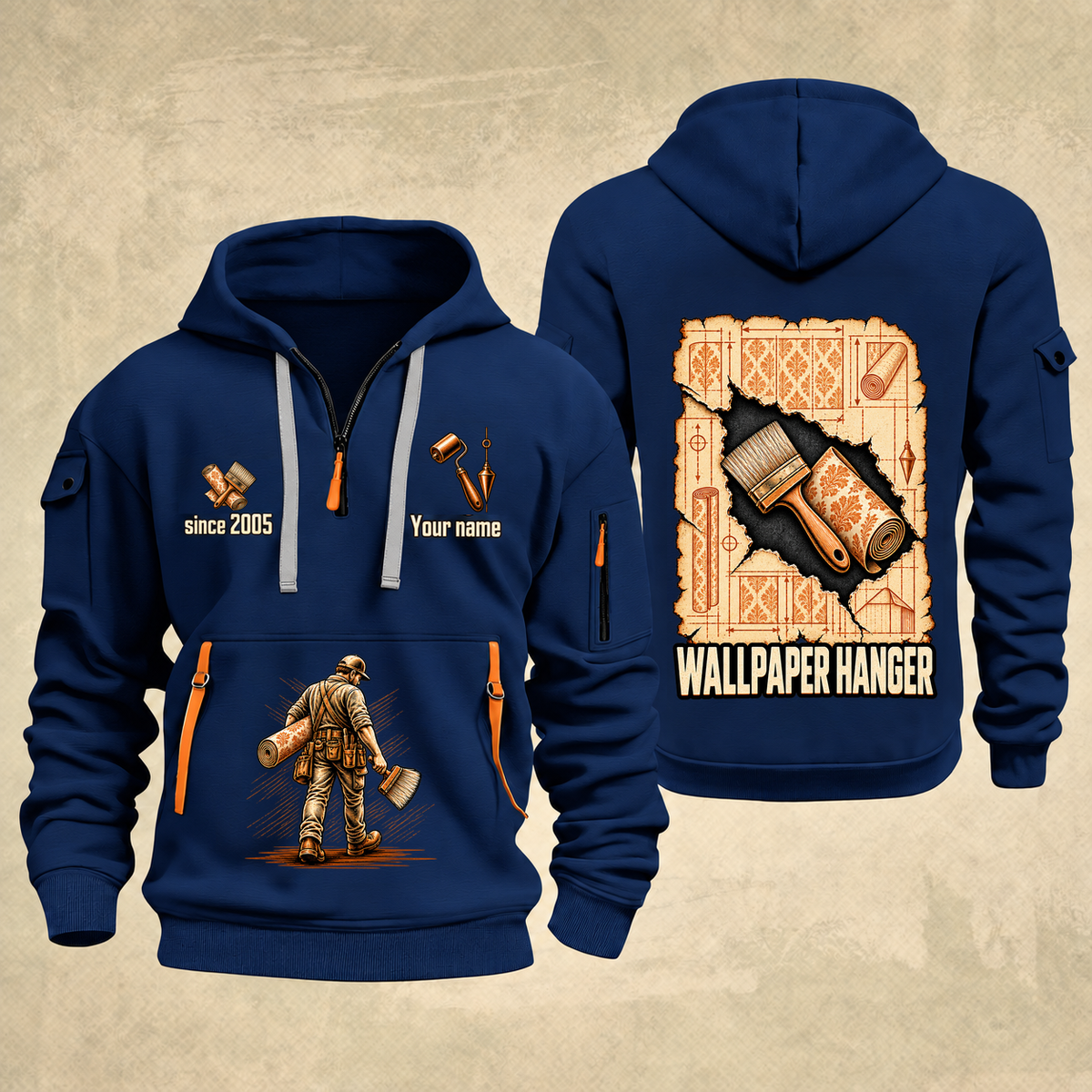 Wallpaper Hanger Blueprint Quarter-Zip Hoodie in Navy, authentic overlapping front and back views with wallpaper hanger artwork and source sample name/year lettering.