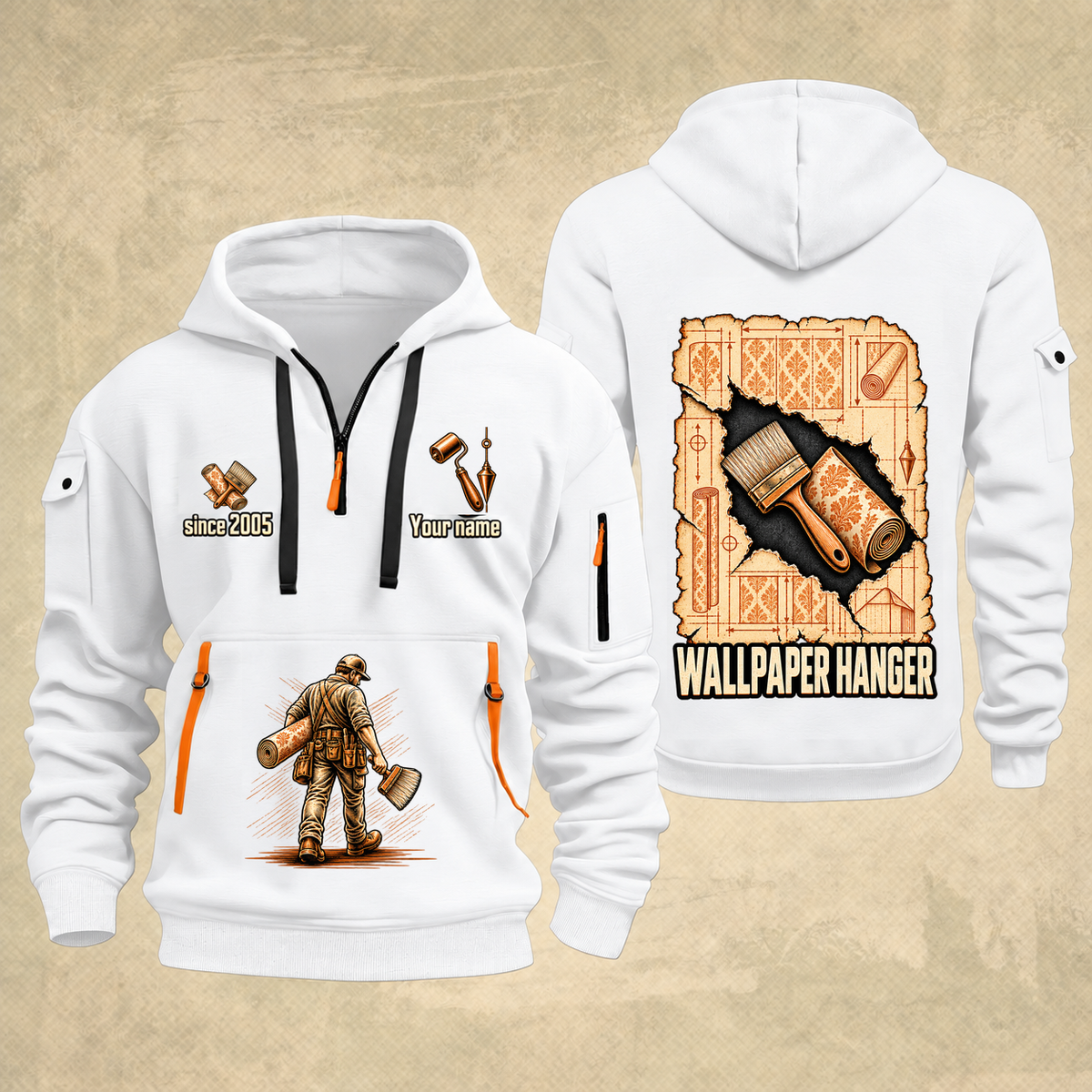 Wallpaper Hanger Blueprint Quarter-Zip Hoodie in White, authentic overlapping front and back views with wallpaper hanger artwork and source sample name/year lettering.