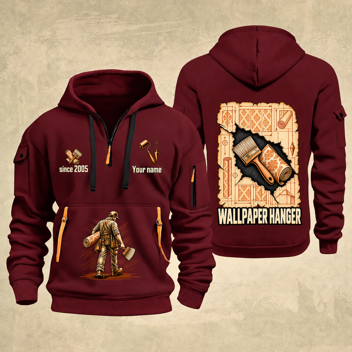 Wallpaper Hanger Blueprint Quarter-Zip Hoodie in Wine Red, authentic overlapping front and back views with wallpaper hanger artwork and source sample name/year lettering.