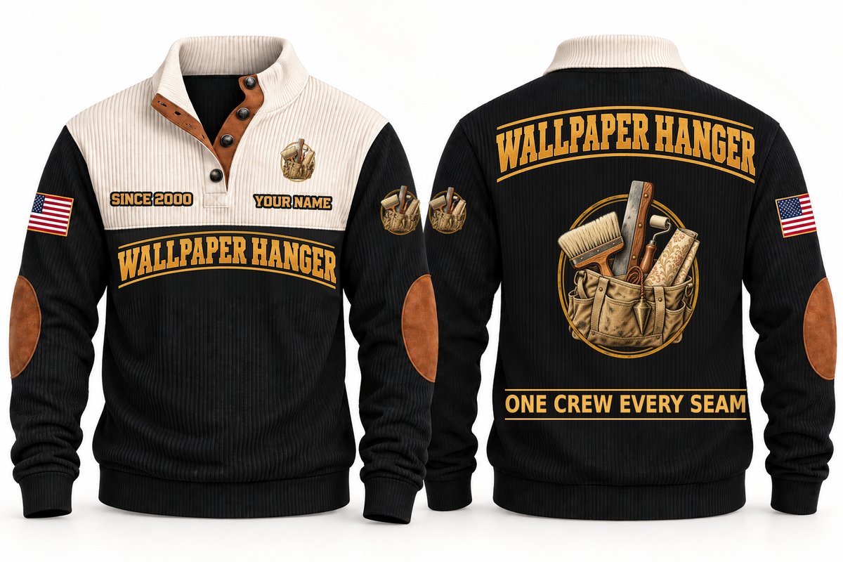 Wallpaper Hanger Finish Crew Sports Sweatshirt in Black, full front and back garment views with wallpaper roll, smoothing brush, seam roller, trimming blade, plumb bob and tool bag artwork, ONE CREW EVERY SEAM wording and source sample YOUR NAME and SINCE 2000 text.